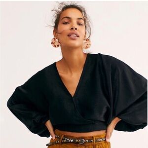 Free People Black Short Sleeve Wrap Boho Crop Top